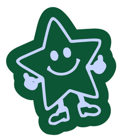 Green cartoon star with a smiling face, arms giving thumbs up, and legs wearing shoes.