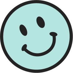 A tilted aqua-colored smiley face with black eyes and a curved smile outlined in black.