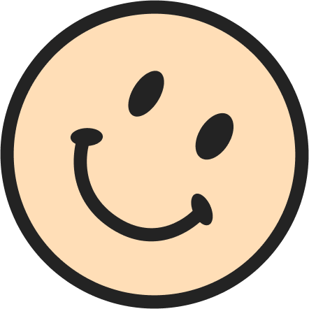 Smiley face with a curved smiling mouth and two oval eyes on a light beige round background with a dark border.