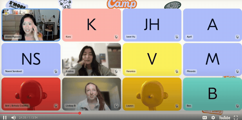 Video call grid showing participants with some video feeds on and others displaying initials against colorful backgrounds, labeled with names.