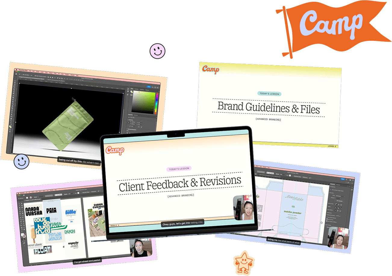 Collage of digital design and branding lesson screens labeled Camp, showing topics like Client Feedback & Revisions and Brand Guidelines & Files with small video call windows.