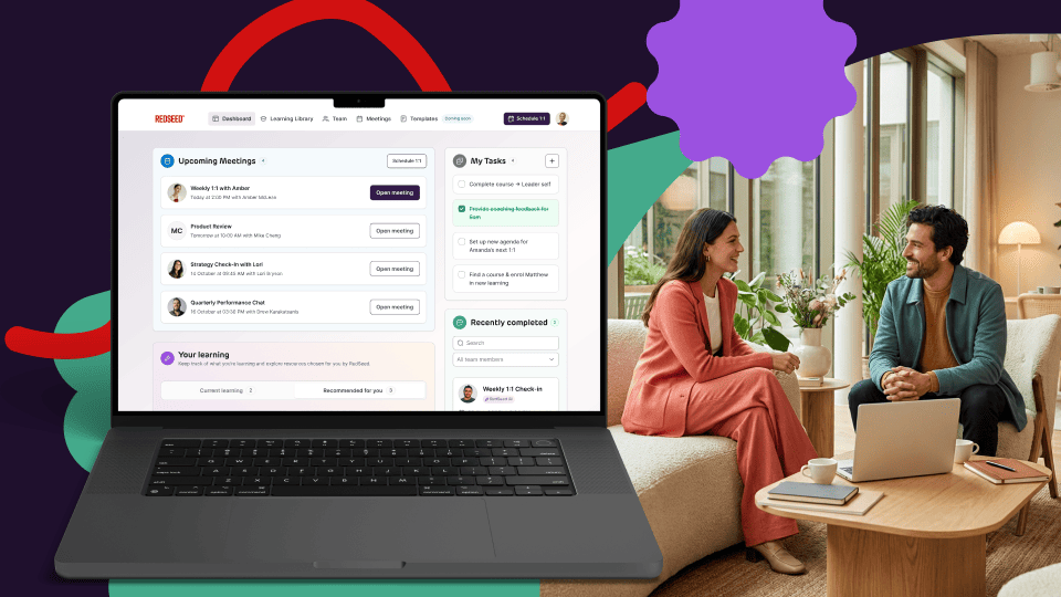 A leader and team member having a one-to-one meeting and a laptop displaying the dashboard for a one-to-one meeting.