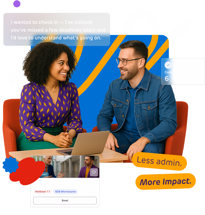 Two colleagues having a one-on-one meeting with a laptop, discussing performance and communication goals