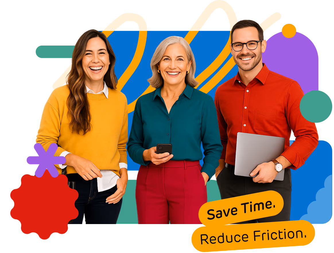 Three professionals standing together with devices, symbolising strong leadership and effective learning through RedSeed tools.