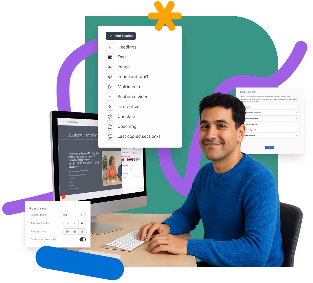 Smiling course creator at a computer using RedSeed.build to customise learning sections and design elements.