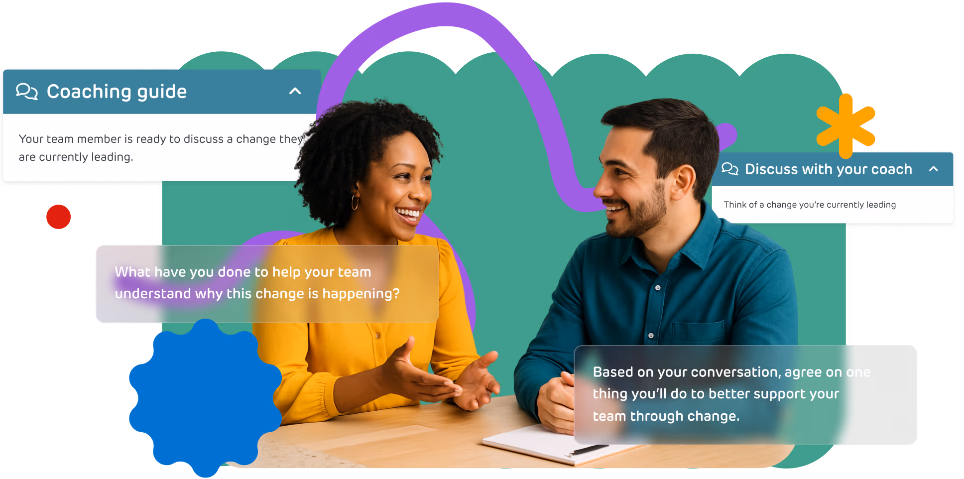 Two people having a coaching conversation, with on-screen prompts to support reflection and behaviour change