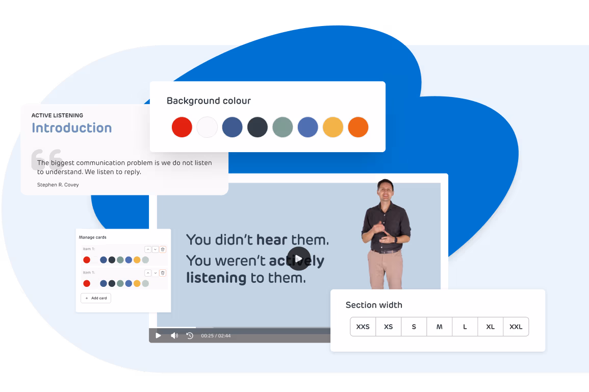 RedSeed eLearning editor with active listening module and options to personalise course design and formatting.