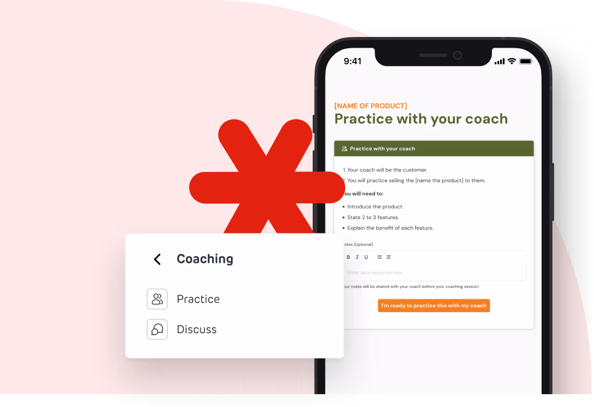 Mobile view of a RedSeed coaching prompt, guiding learners to practise product knowledge with their manager.