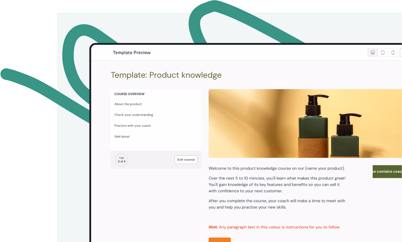 RedSeed course template on product knowledge, showing editable content and structured coaching steps for quick setup.