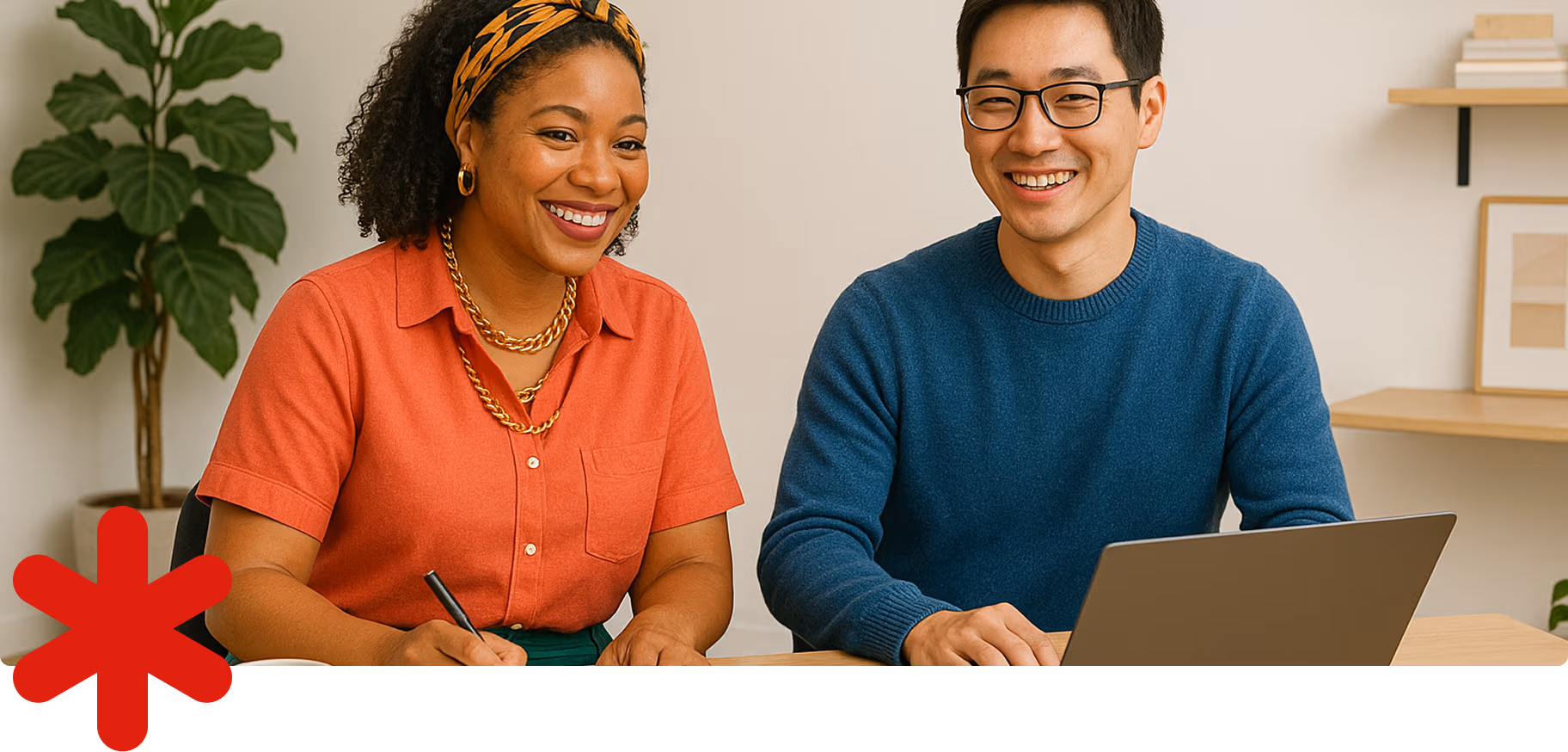 Two smiling colleagues collaborating at a desk, working on RedSeed LMS training or reviewing learning content on a laptop.