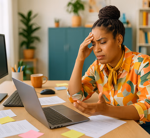 Frustrated professional at her desk, overwhelmed by multiple systems and workarounds while trying to work on her laptop.