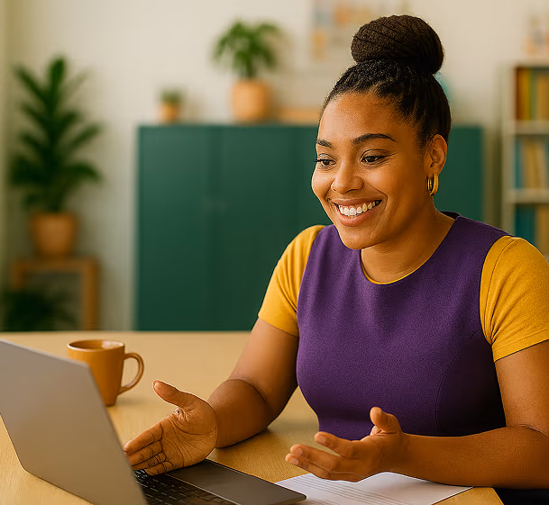 Confident professional smiling during a video call, showing how integrated tools help leaders stay focused and avoid burnout.