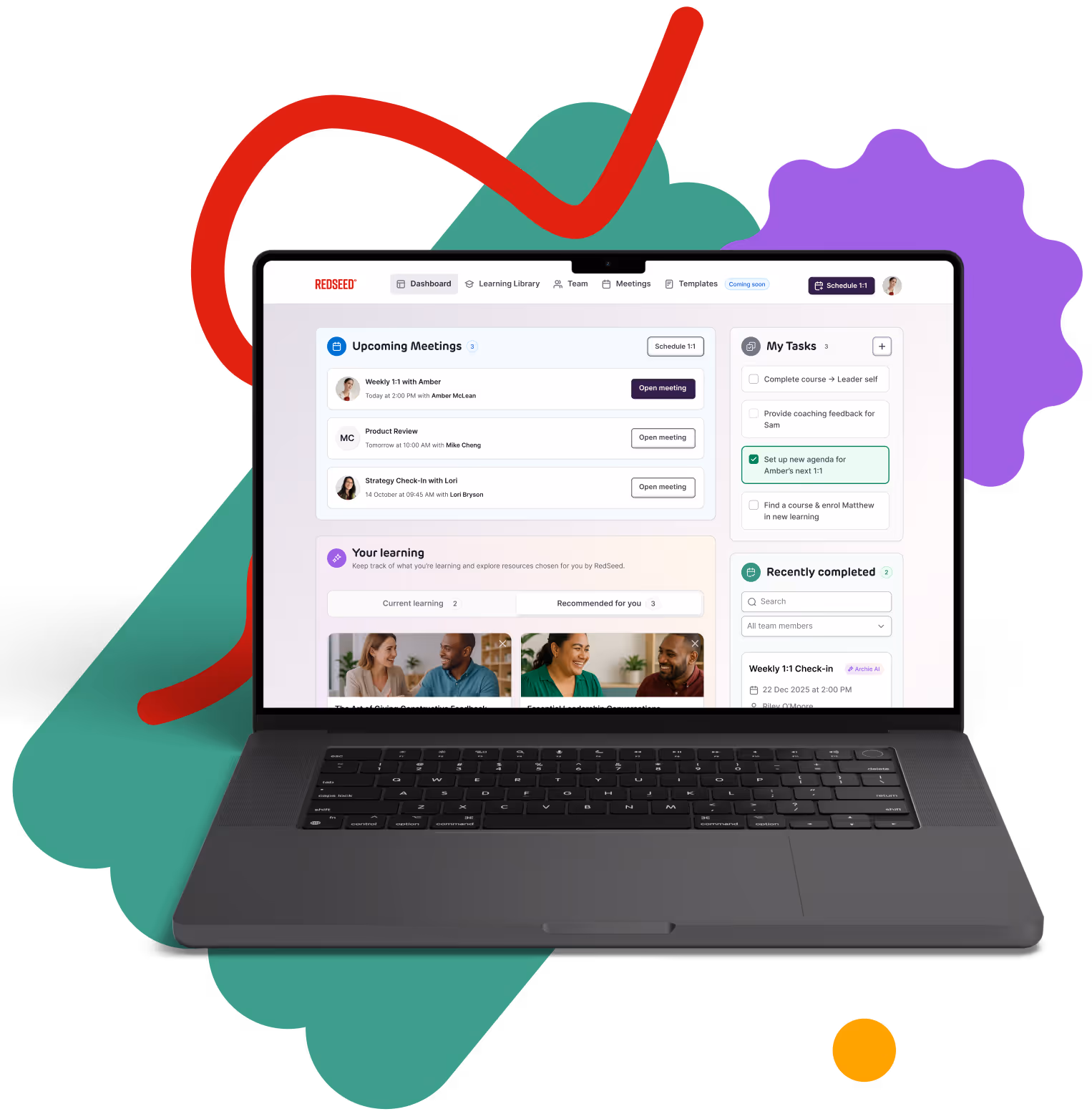 Open laptop displaying a dashboard with upcoming meetings, tasks, learning resources, and recently completed activities on the screen.