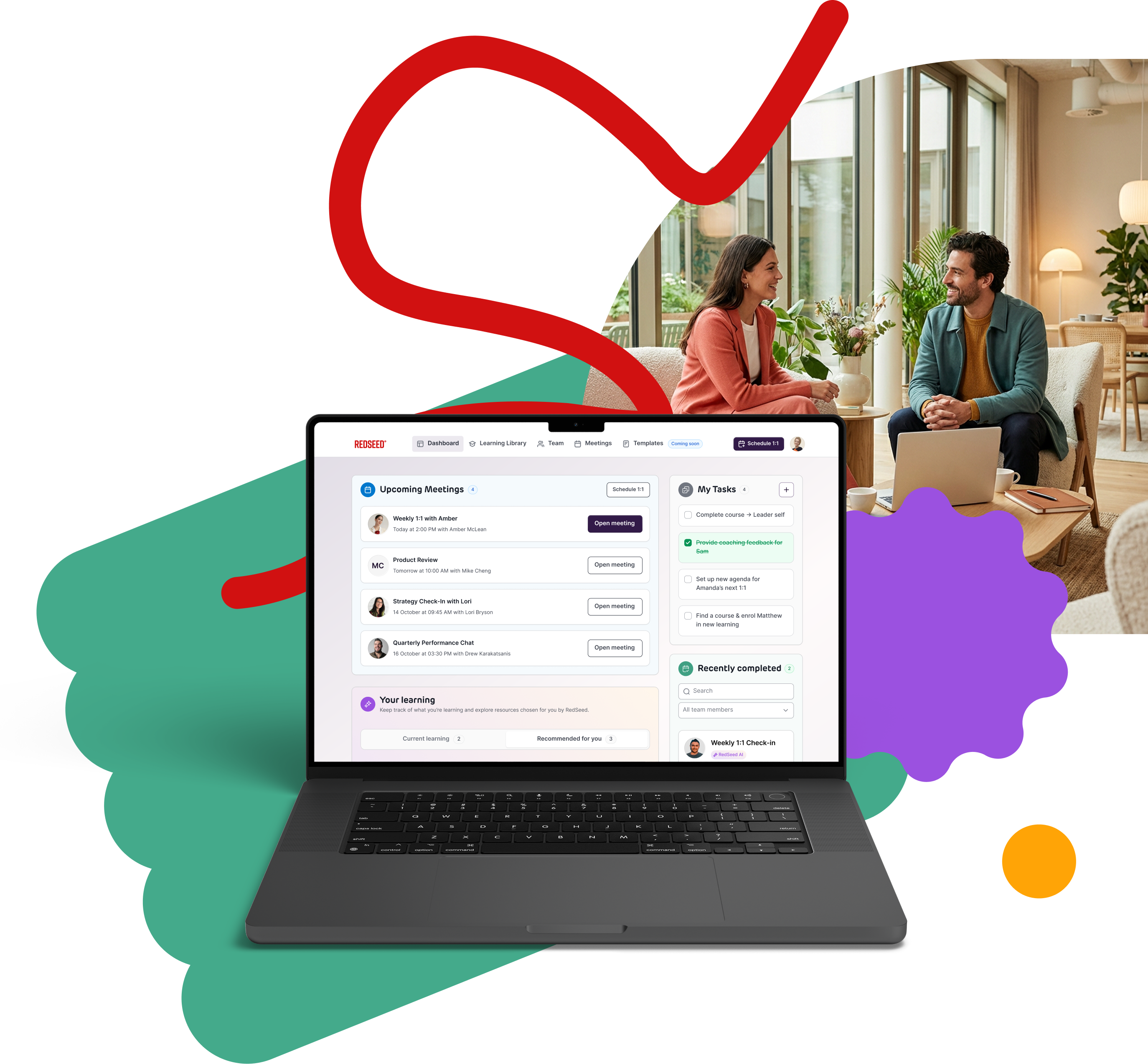Laptop displaying the RedSeed dashboard with upcoming meetings, tasks, and learning modules, set against abstract colourful shapes. In the background, two colleagues sit on a sofa talking in a bright, modern office.