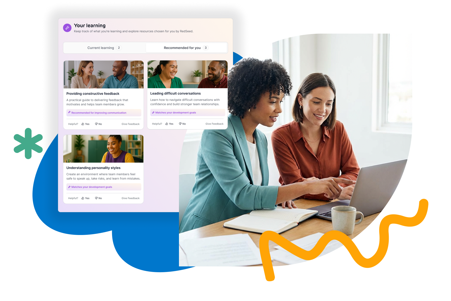 Two colleagues collaborate at a desk, smiling and reviewing content on a laptop. Beside them, the RedSeed learning dashboard shows personalised learning recommendations, including feedback skills, difficult conversations, and personality styles.”