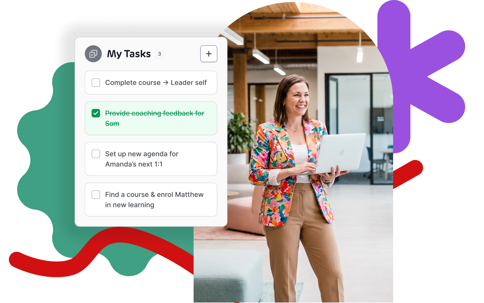 A smiling professional stands in a modern office holding a laptop. Beside them, the RedSeed ‘My Tasks’ panel shows a checklist of tasks, including completed coaching feedback and upcoming one-to-one preparation.