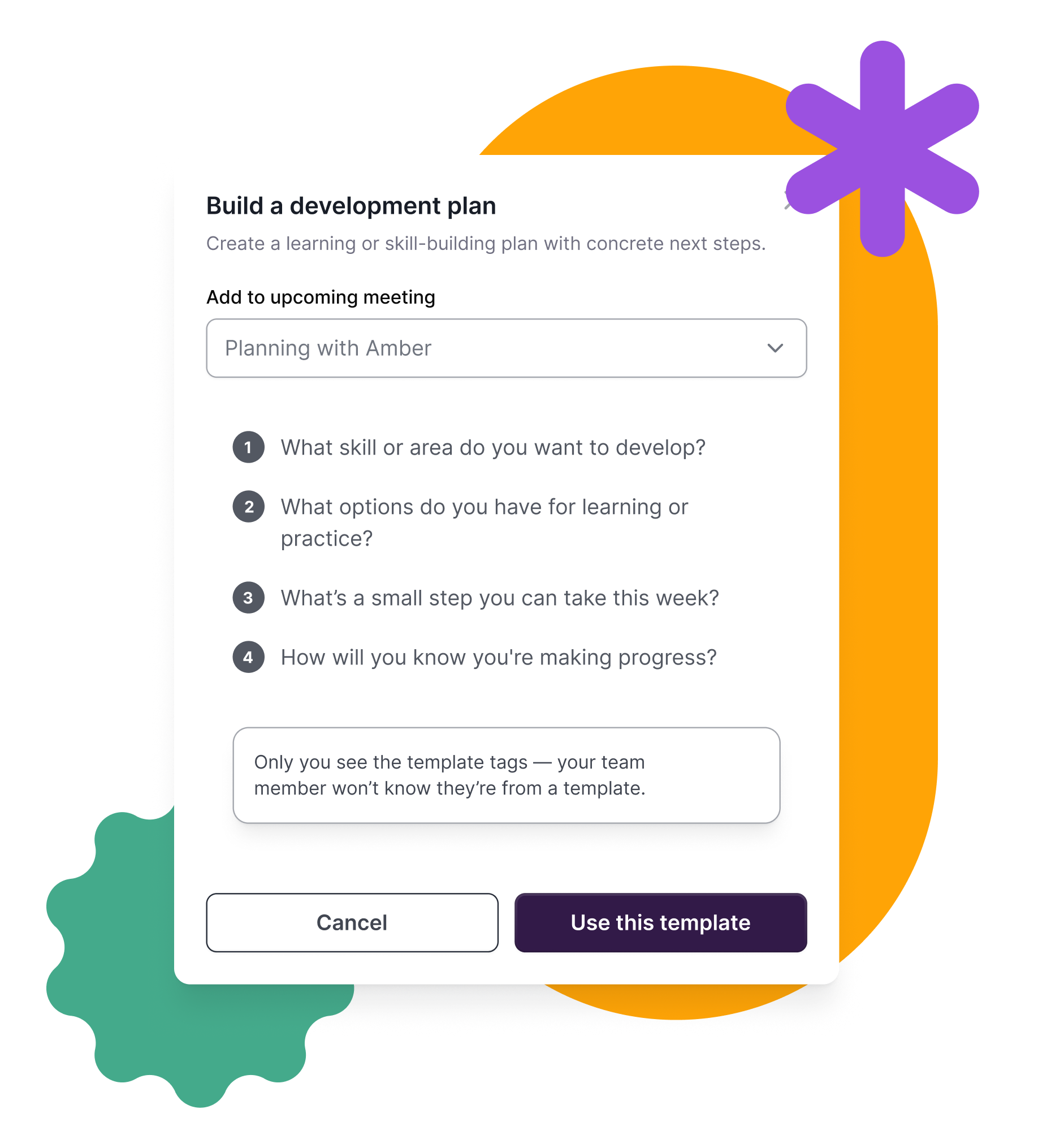 RedSeed interface showing a ‘Build a development plan’ template with guided questions for skill development, an option to add it to an upcoming meeting, and buttons to cancel or use the template.