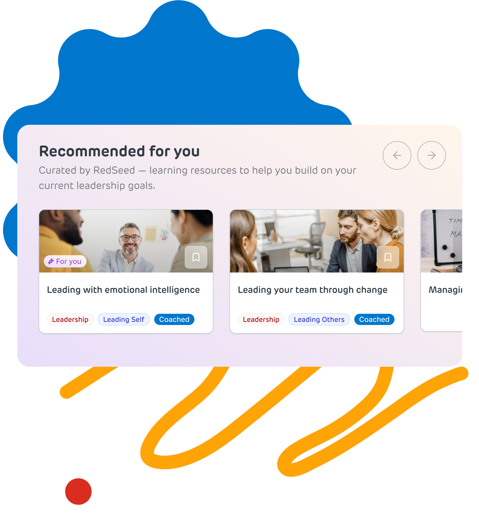 RedSeed learning interface showing a ‘Recommended for you’ section with curated leadership resources, including topics like emotional intelligence and leading teams through change.