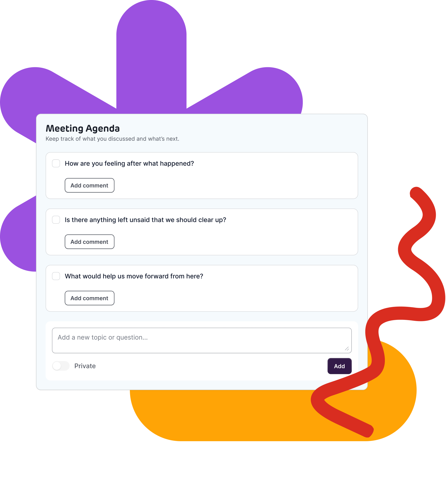 RedSeed meeting agenda interface showing guided discussion questions, space to add comments, and options to add new topics or keep items private.