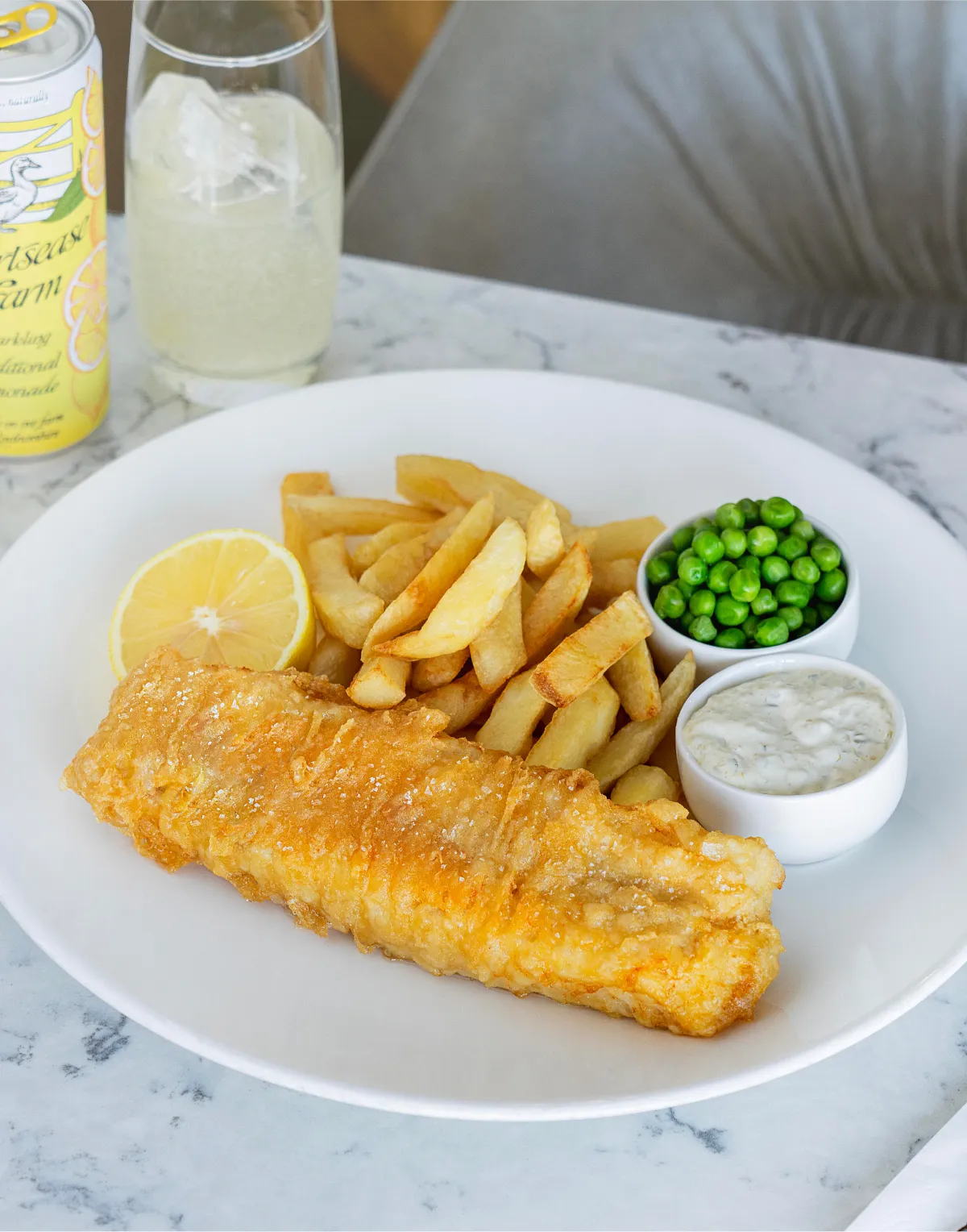 Fish and chips with peas and tartare sauce at Park Kitchen