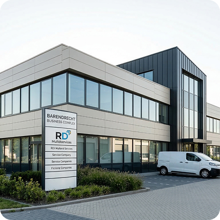 Modern office building of Barendrecht Business Complex with a white van parked outside.