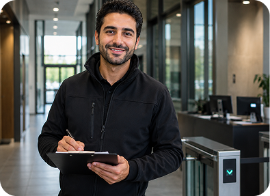 Smiling man in black jacket holding clipboard in a modern office lobby near a security turnstile.