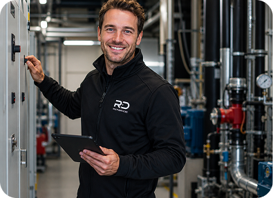 Smiling technician holding tablet operates control panel in an industrial facility with pipes.