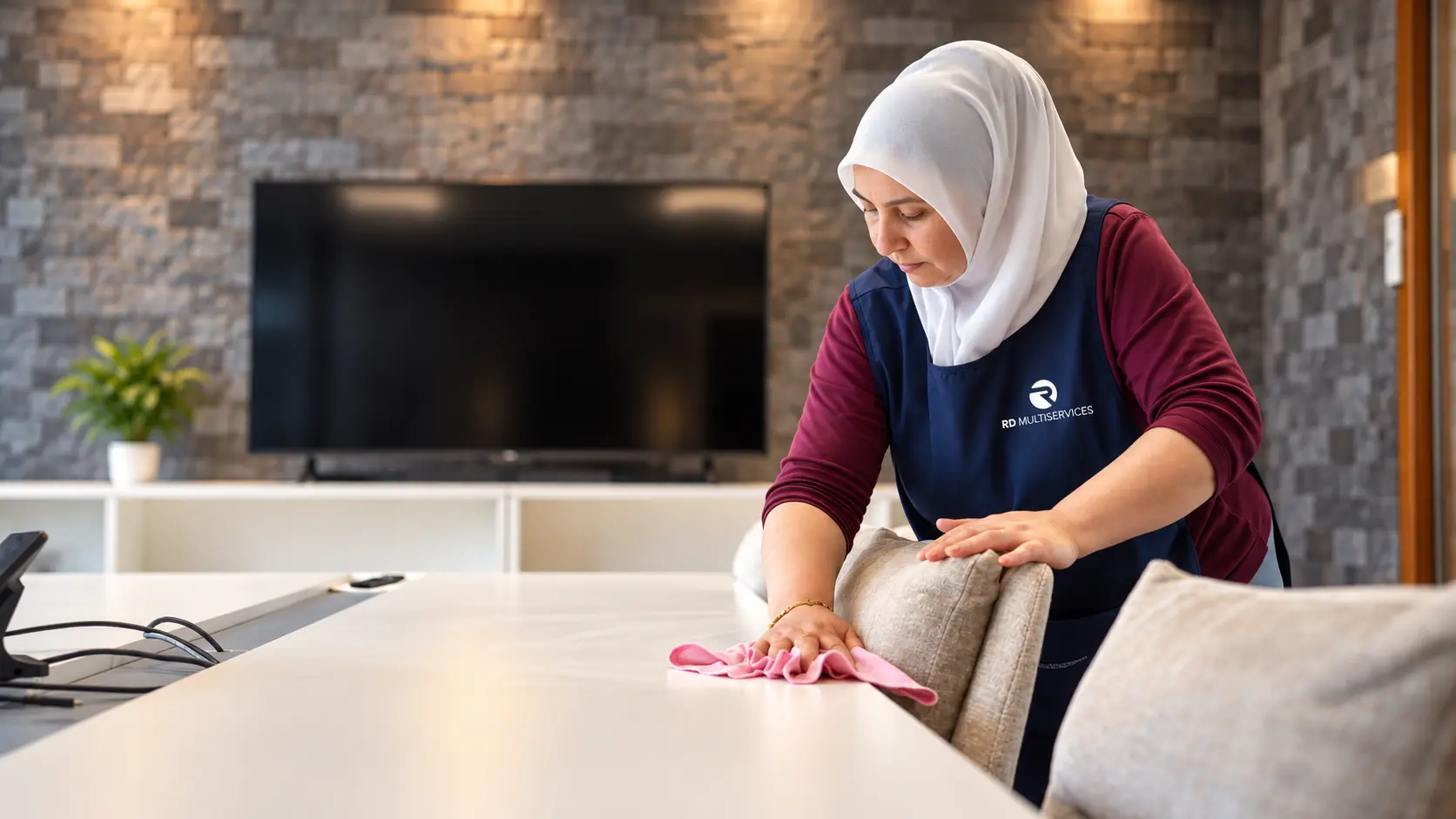 Schoonmaakster van RD Multiservices leegt de afvalbakken in de pantry van een kantoor