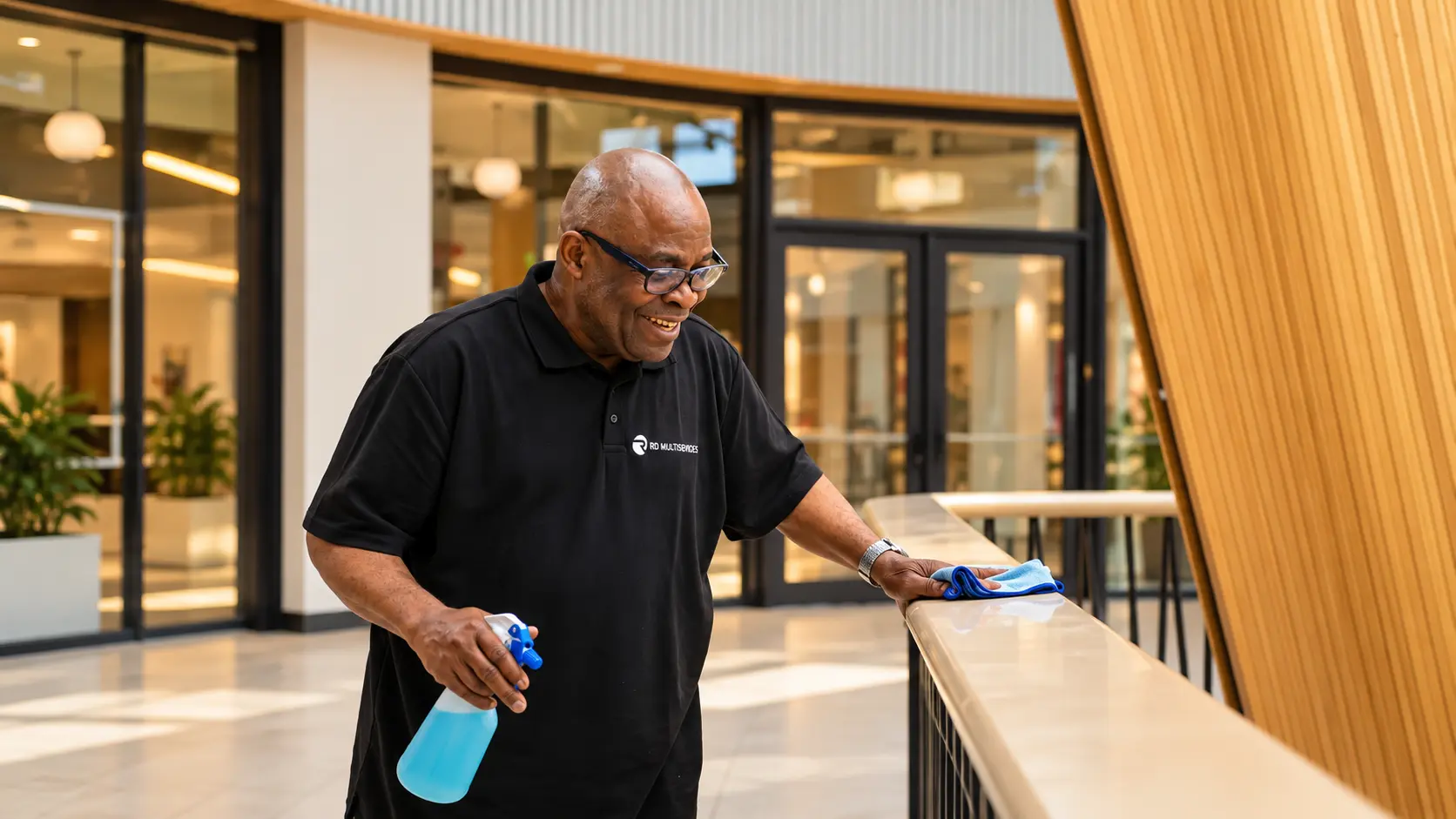 Schoonmaker van RD Multiservices maakt een glazen pui schoon met een wisser