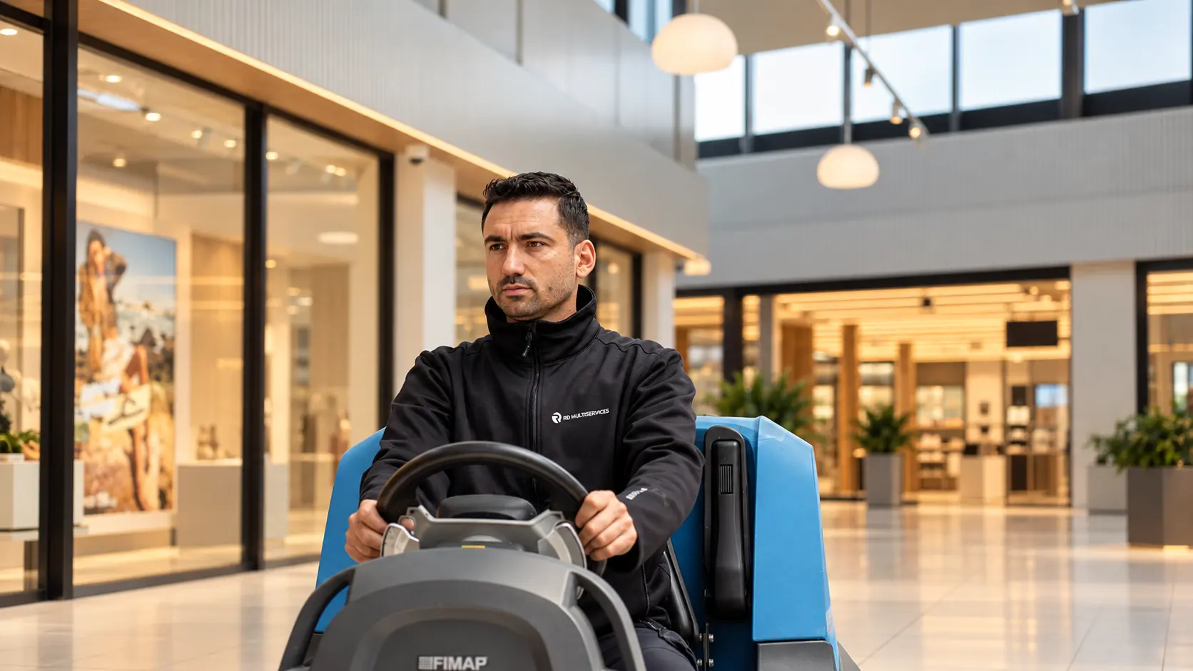 Medewerker van RD Multiservices reinigt de vloer van een winkelcentrum met een schrobzuigmachine