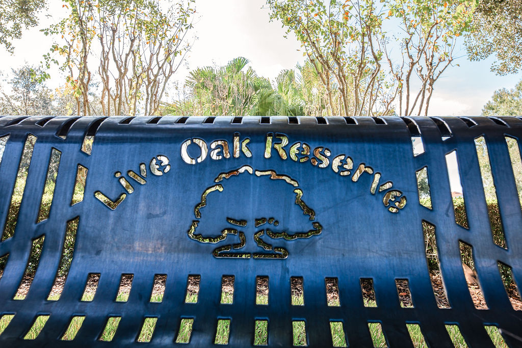 Metal bench with Live Oak Reserve logo under shaded trees