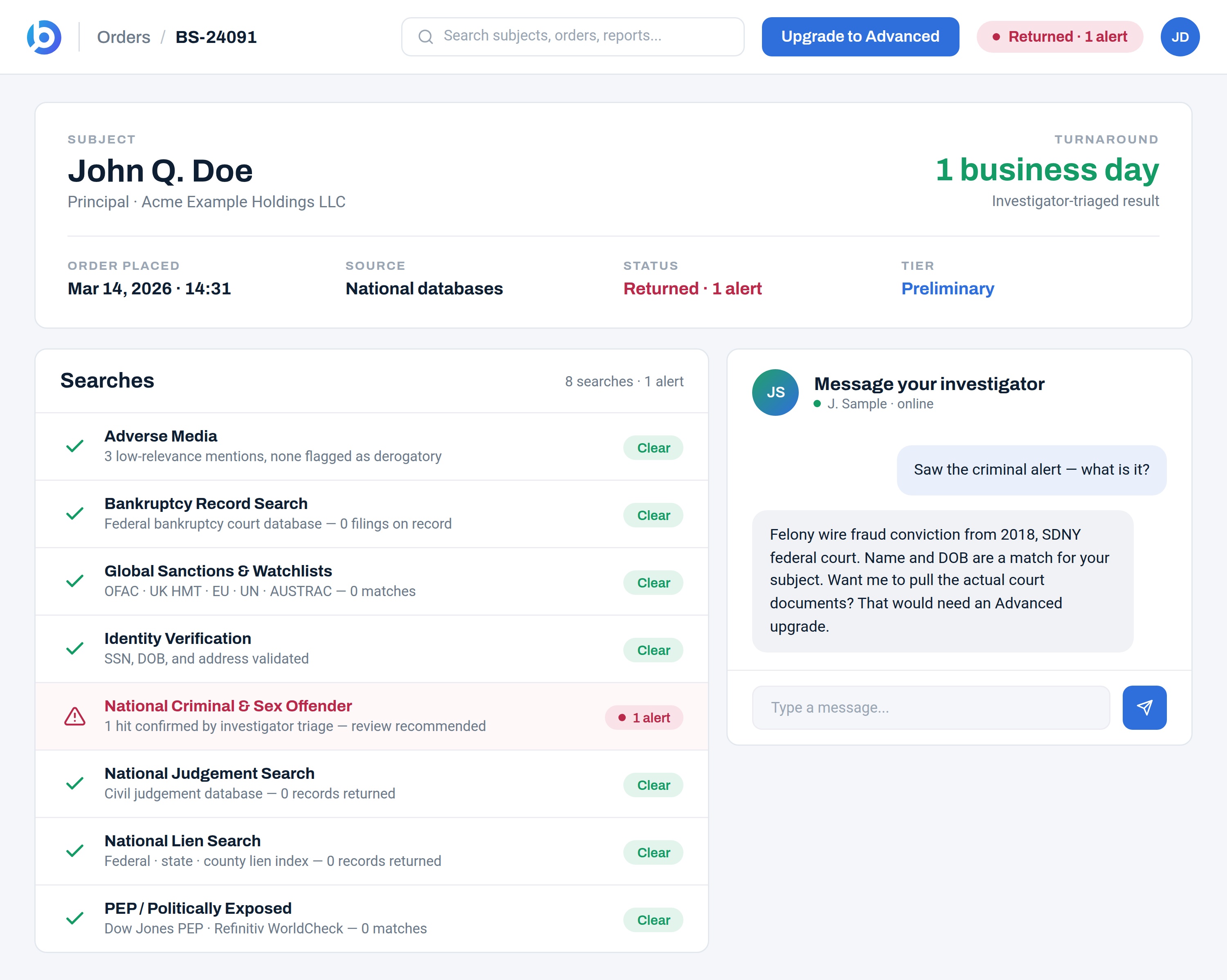 BusinessScreen platform showing an order with a criminal record alert and an open investigator chat thread.