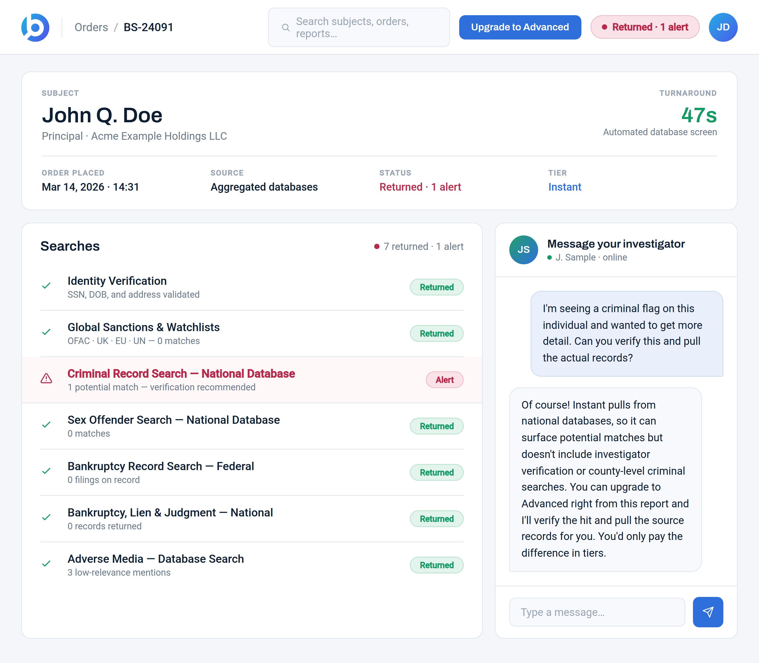 BusinessScreen platform showing an order with a criminal record alert and an open investigator chat thread.