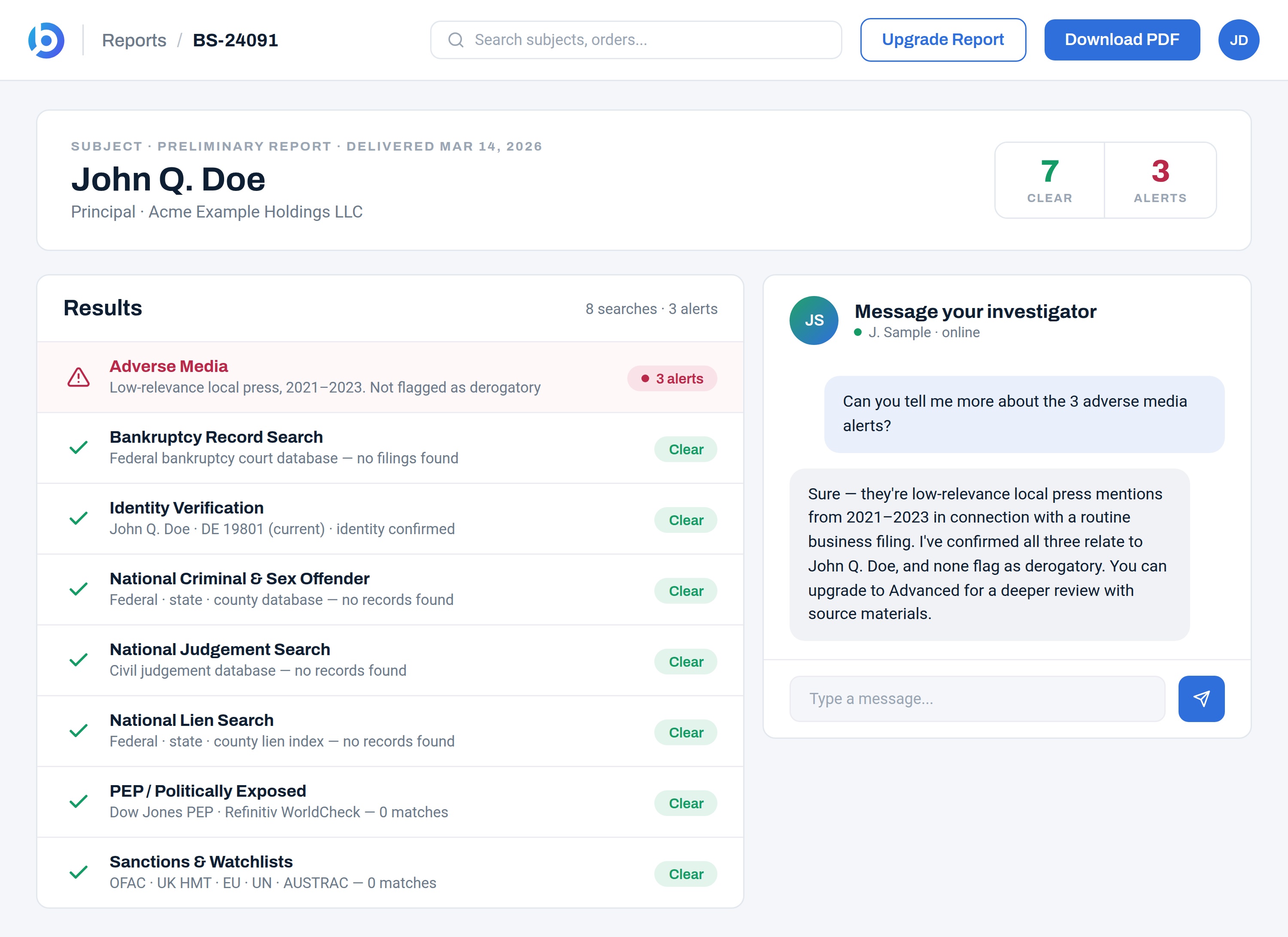 BusinessScreen Instant Report showing search results with a name and address match flagged, alongside an open investigator chat.