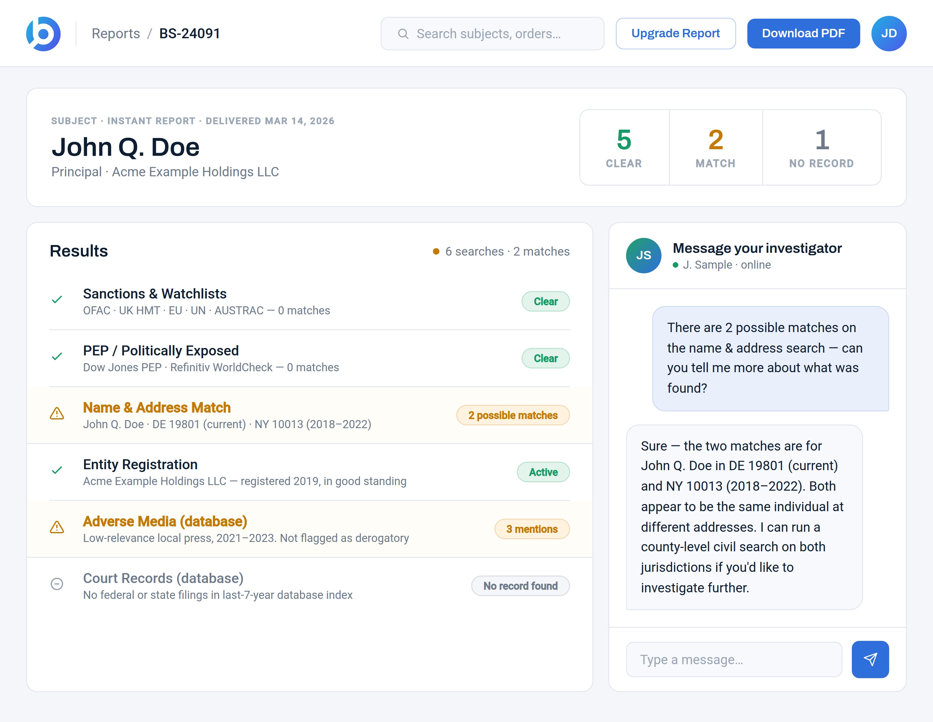 BusinessScreen Instant Report showing search results with a name and address match flagged, alongside an open investigator chat.