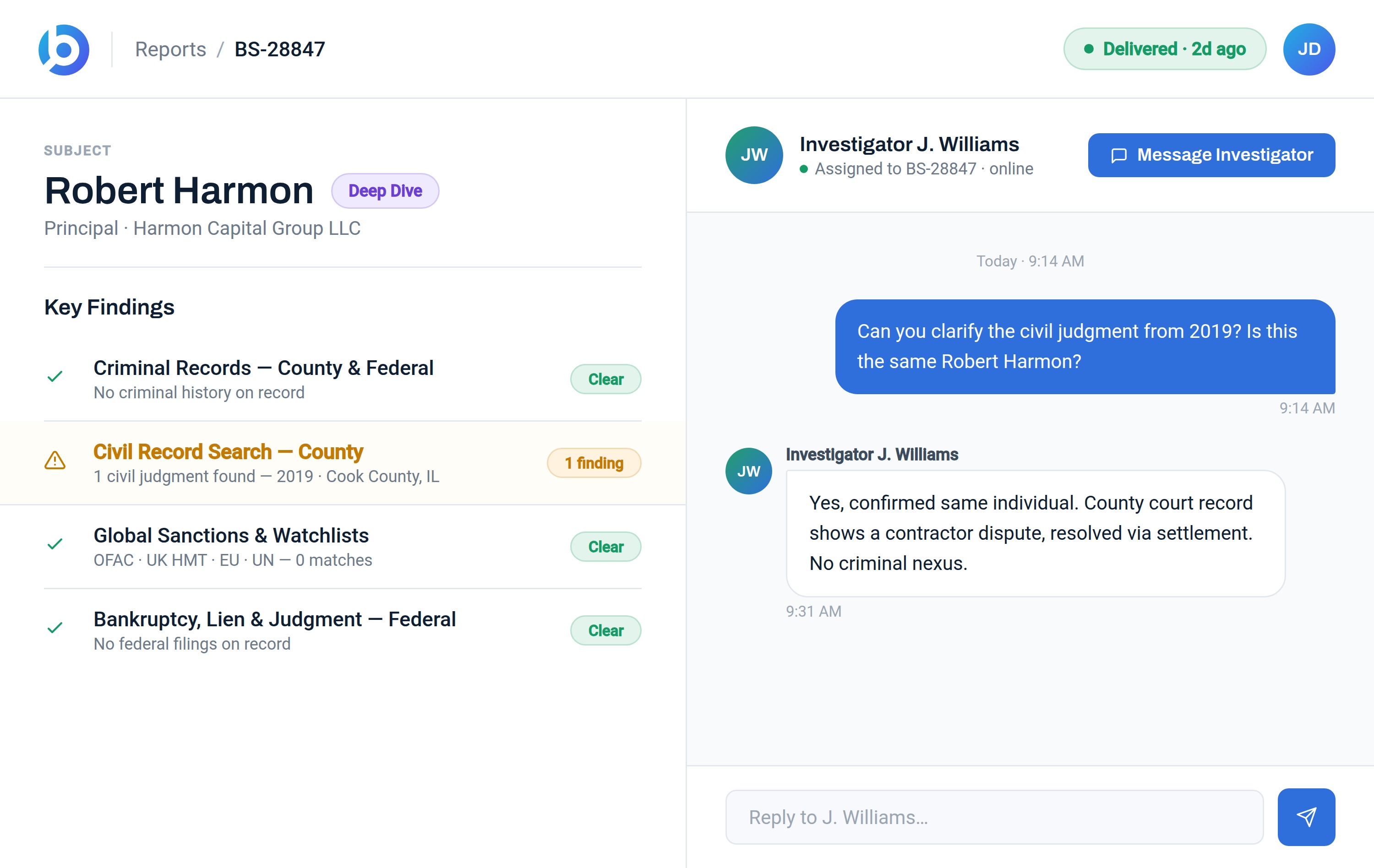 Split-panel view of a BusinessScreen Deep Dive report with an open investigator chat, showing a client question about a civil judgment and a confirmed investigator response.