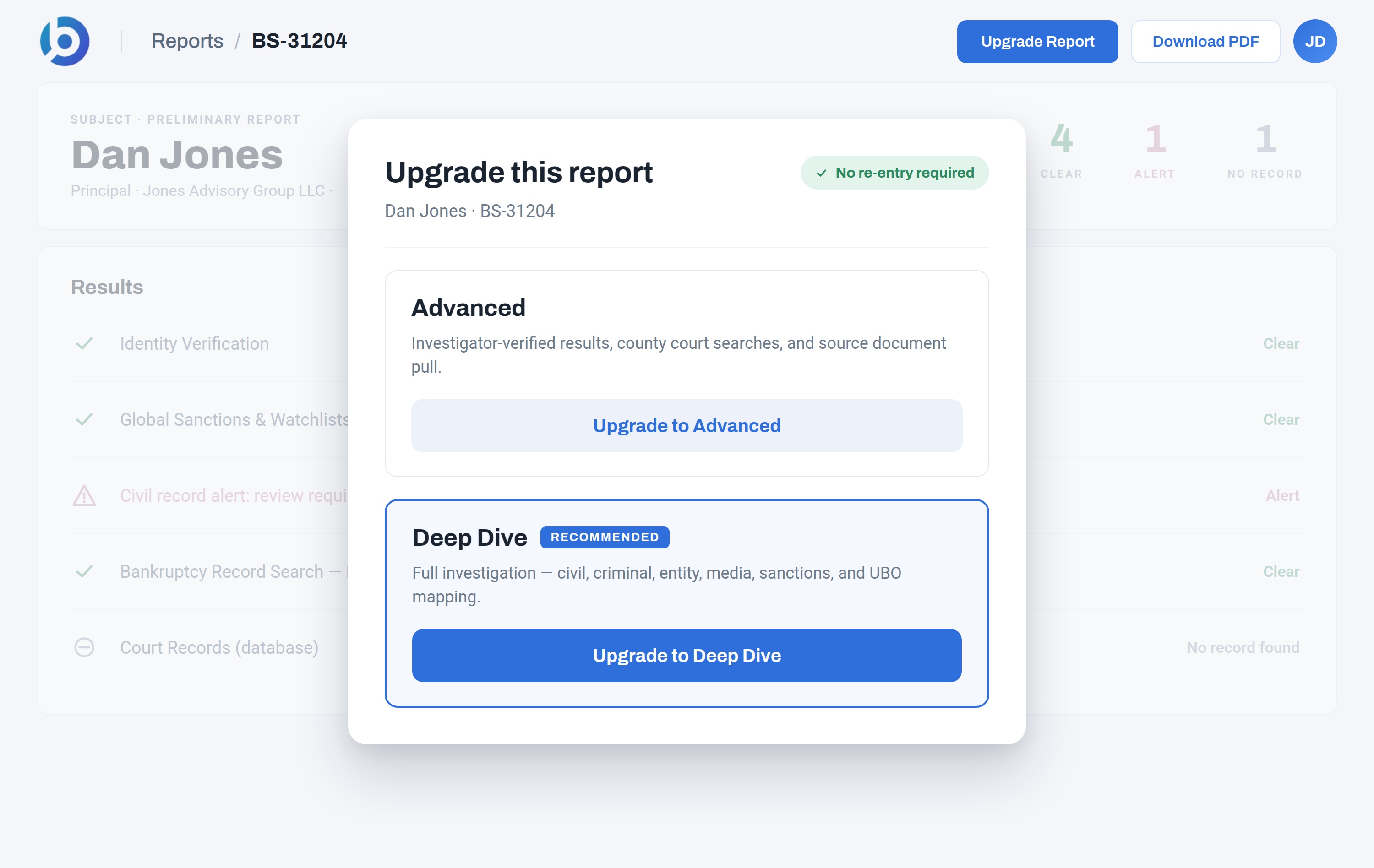 BusinessScreen report with an upgrade modal open, showing Advanced and Deep Dive options and a 'No re-entry required' badge.