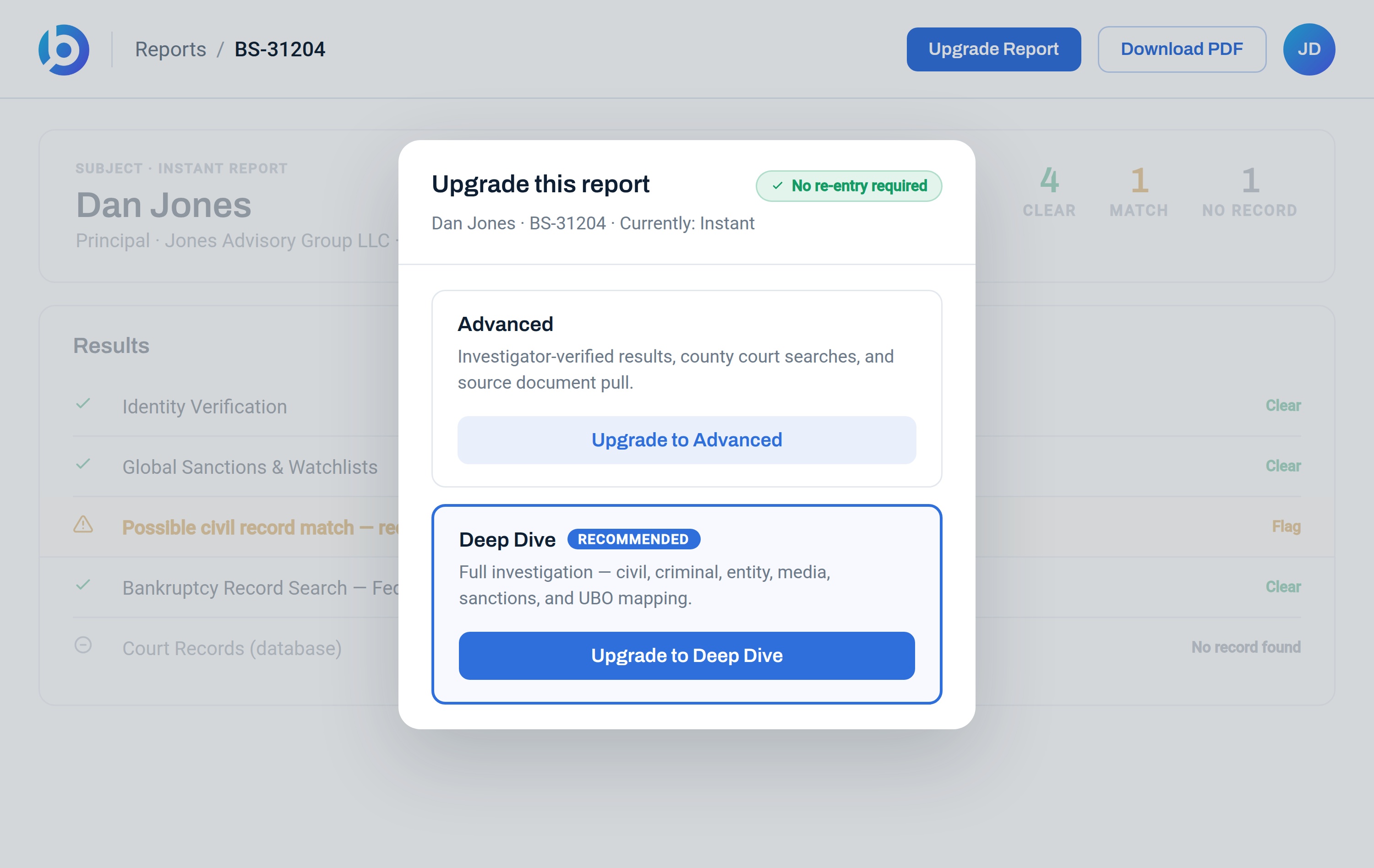 BusinessScreen report with an upgrade modal open, showing Advanced and Deep Dive options and a 'No re-entry required' badge.