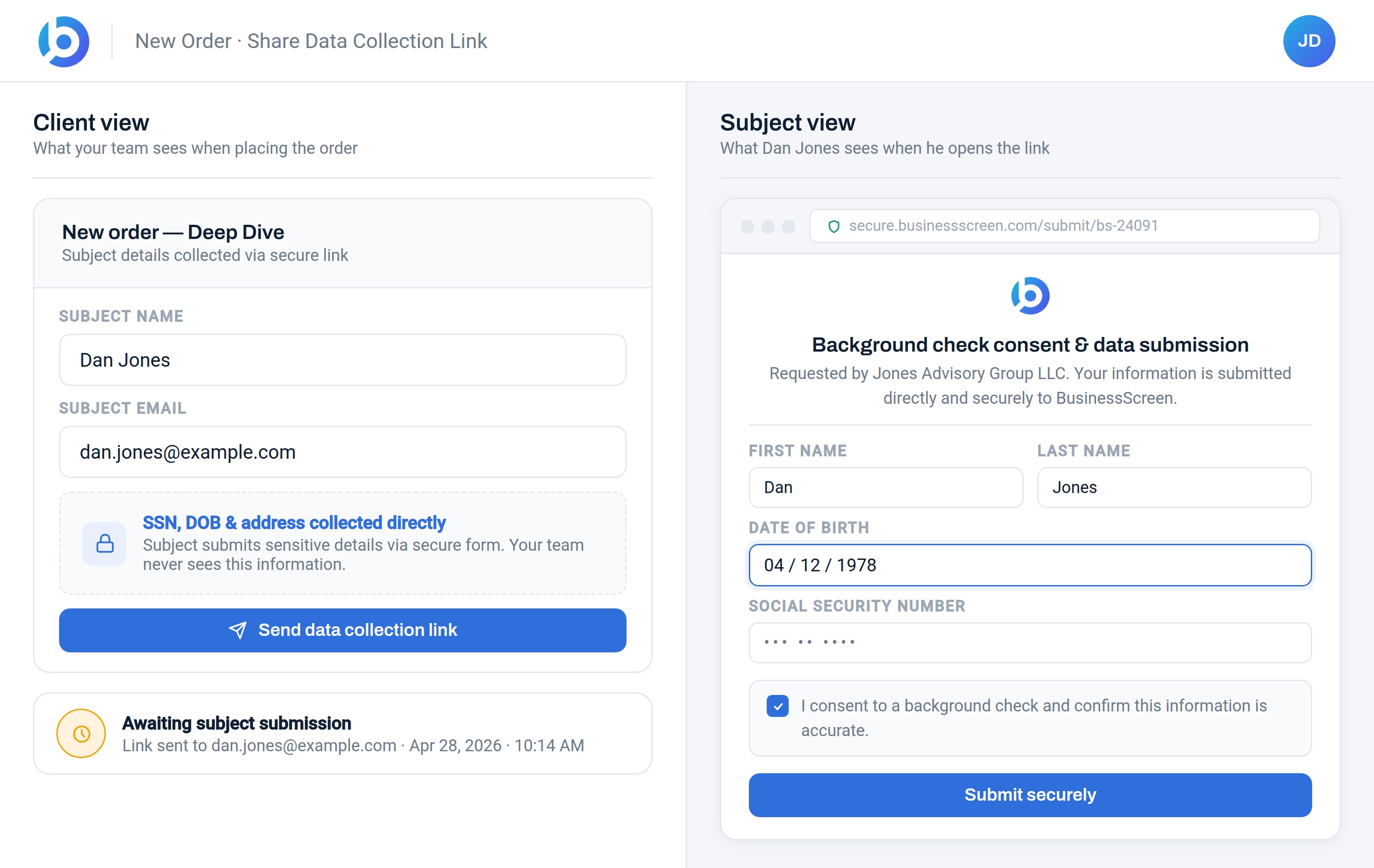 Split view showing a client sending a data collection link and the subject filling in their own personal details through a secure form.