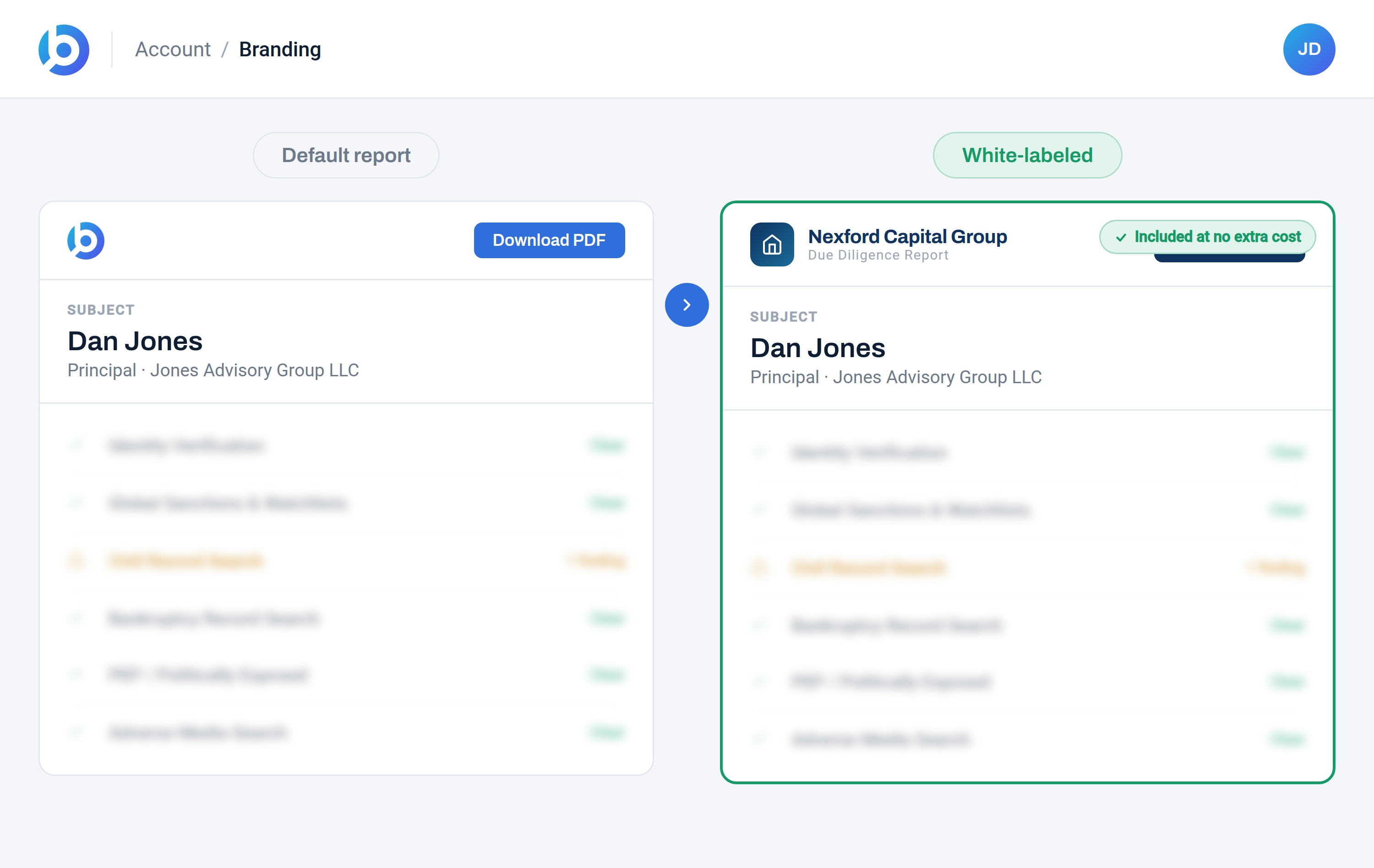 Side-by-side report header comparison showing the default BusinessScreen branding replaced with a client's own logo and company name.