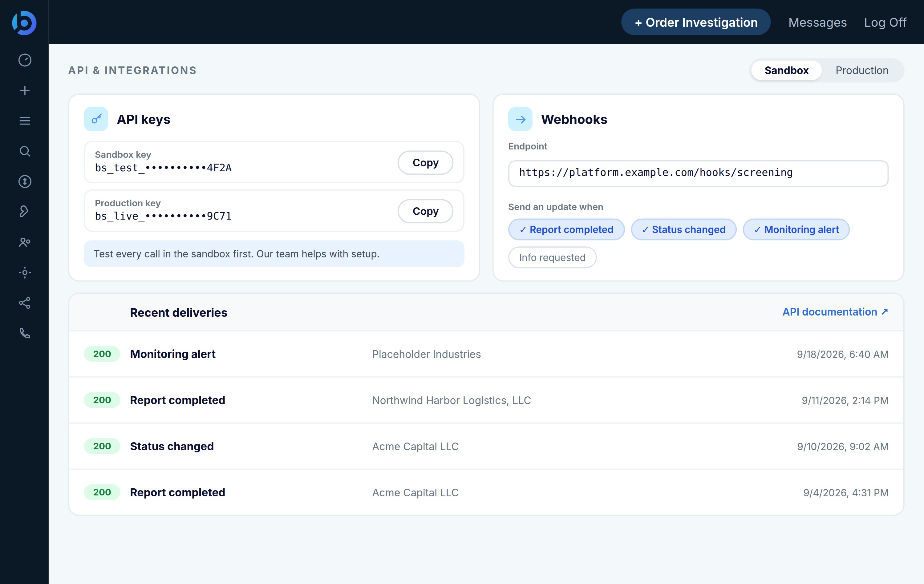 BusinessScreen API and integrations screen with sandbox and production keys, webhook events, and recent deliveries.