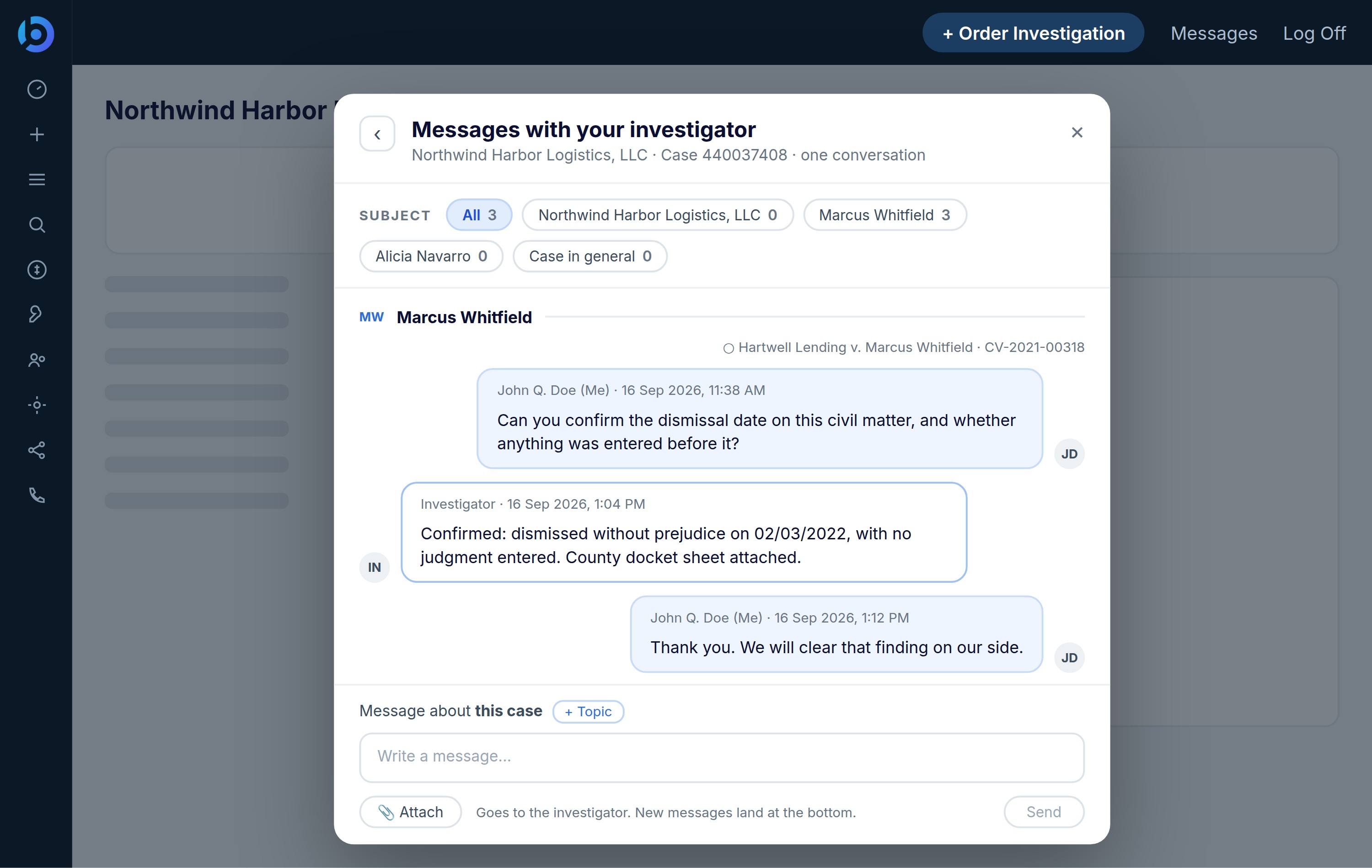 BusinessScreen messaging panel with one conversation per case, showing a client question about a civil matter and the investigator reply.
