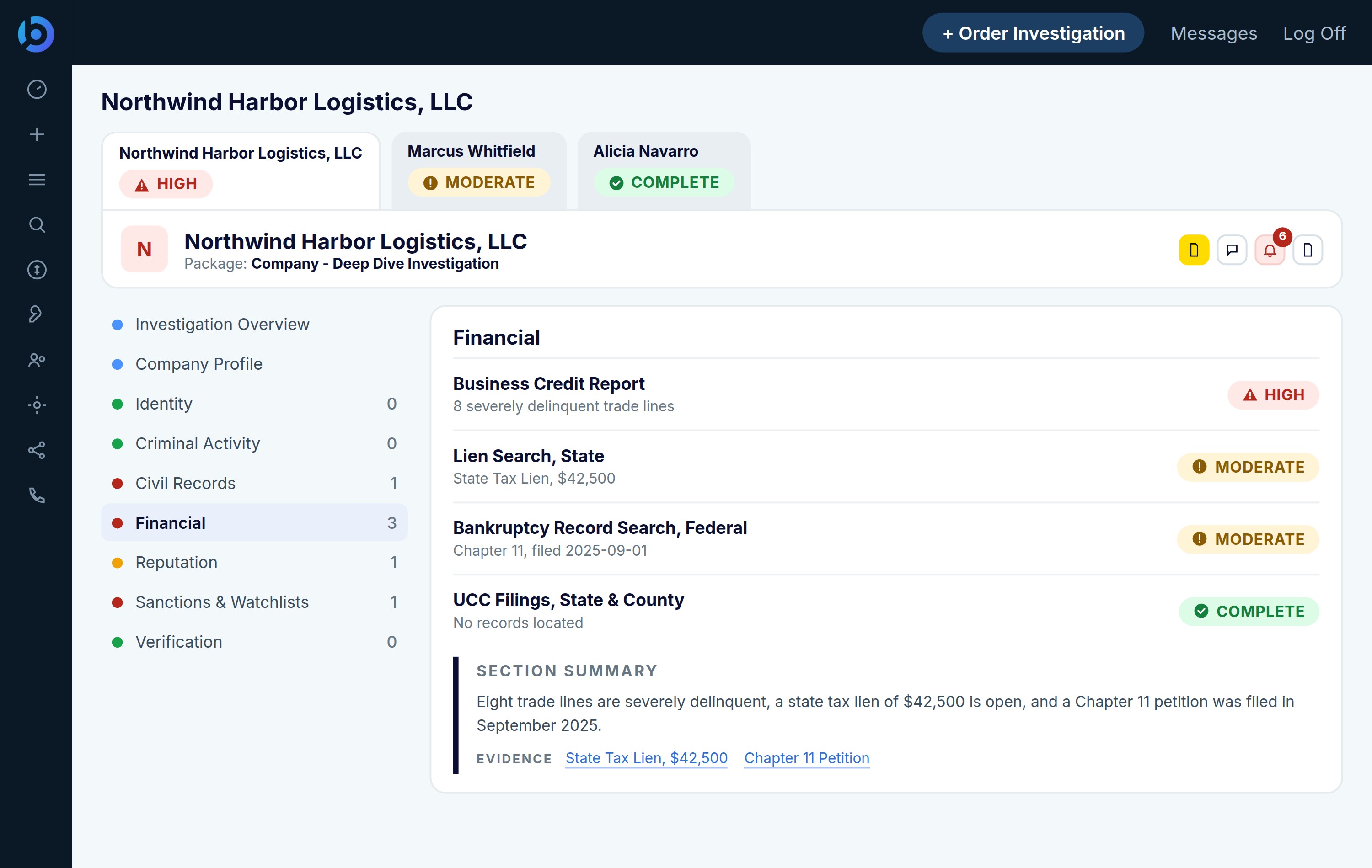 BusinessScreen report showing a company rated high risk, with each report section rated and a financial section summary linked to its records.