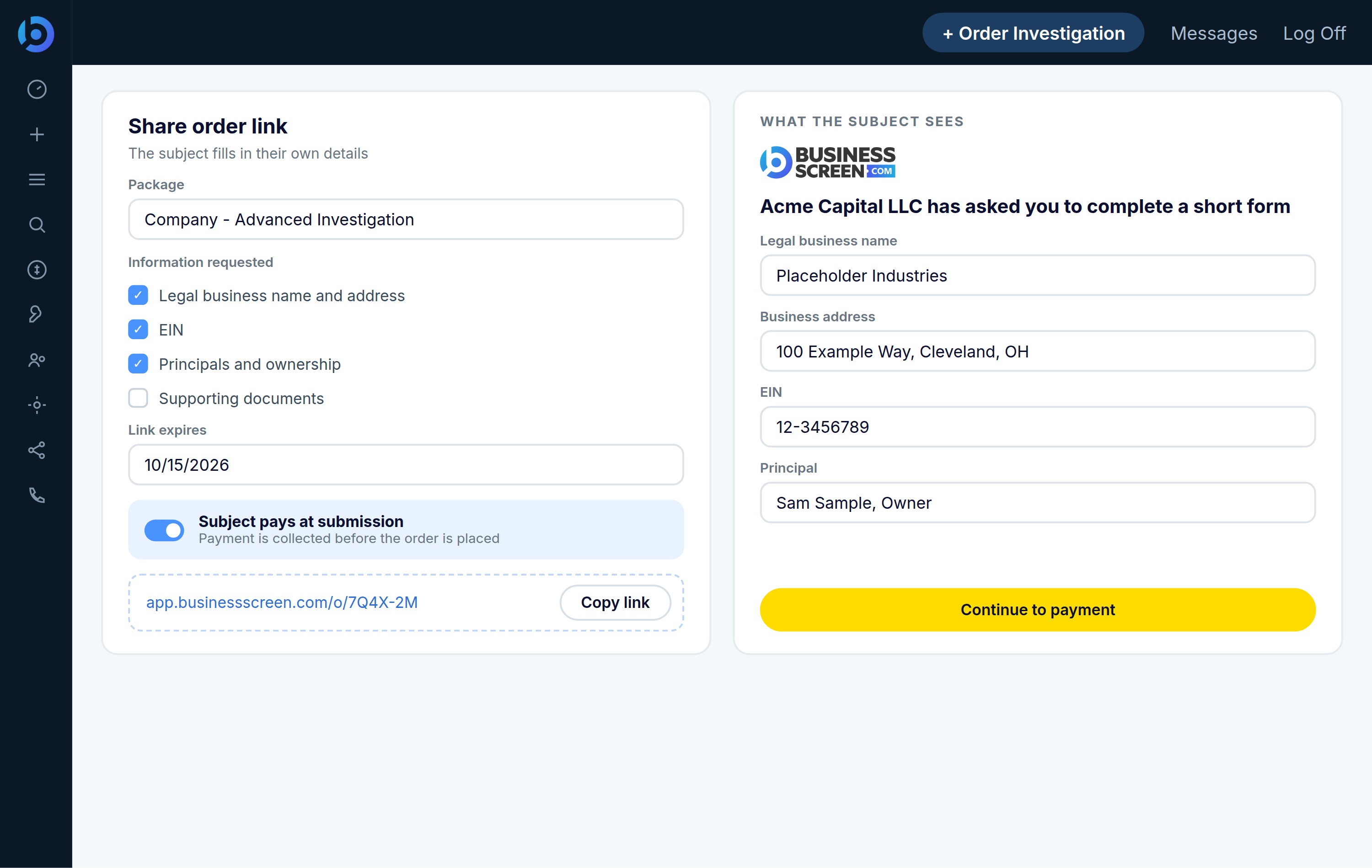 BusinessScreen share order link setup beside the form the subject completes, with payment at submission.
