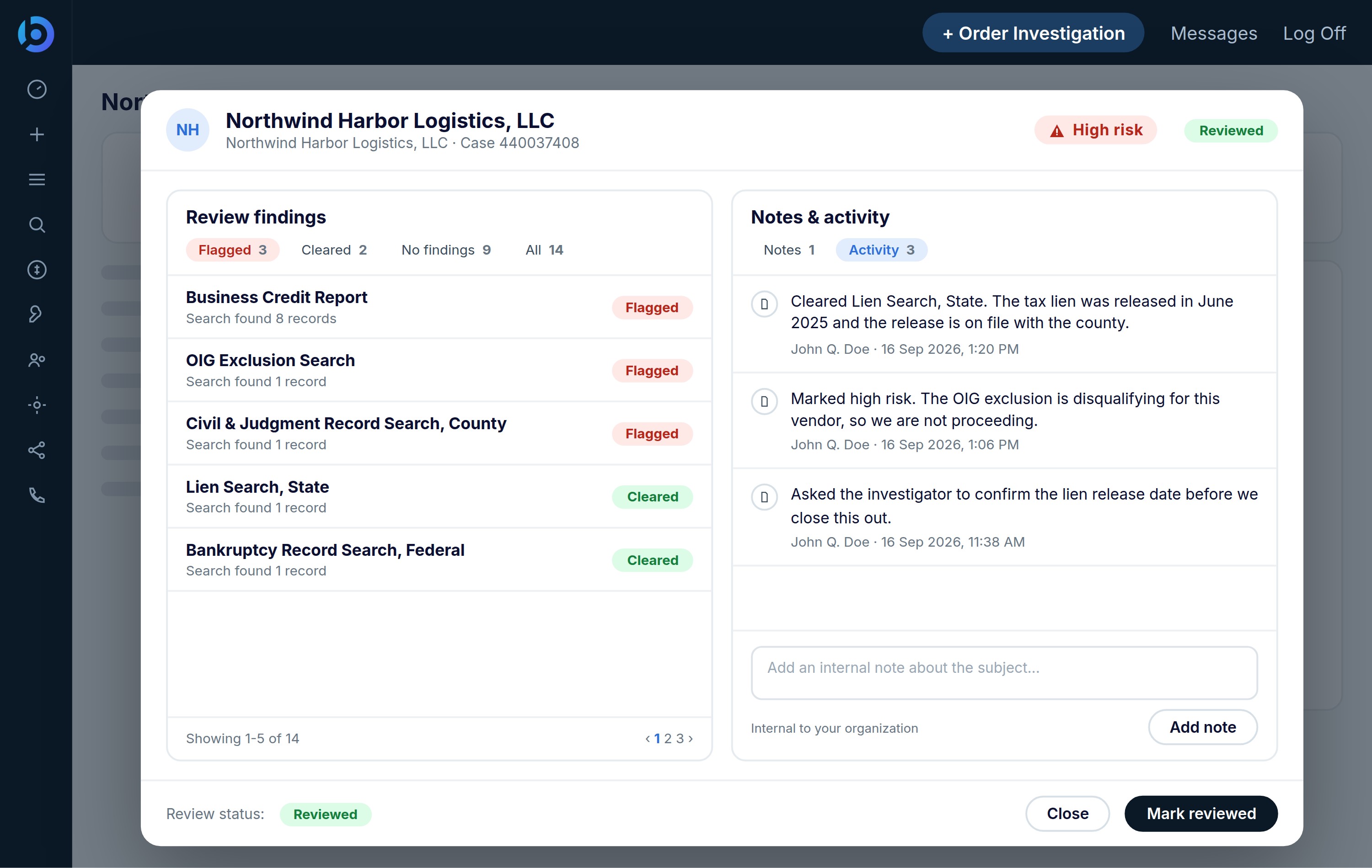 BusinessScreen review panel showing flagged and cleared findings alongside a dated activity log of review decisions.