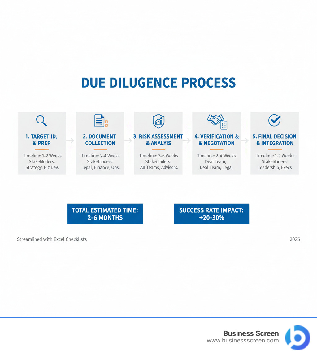Infographic showing the complete due diligence process workflow from initial target identification through document collection, risk assessment, verification steps, and final decision-making, with timeline estimates and key stakeholder responsibilities at each stage - checklist due diligence excel infographic 