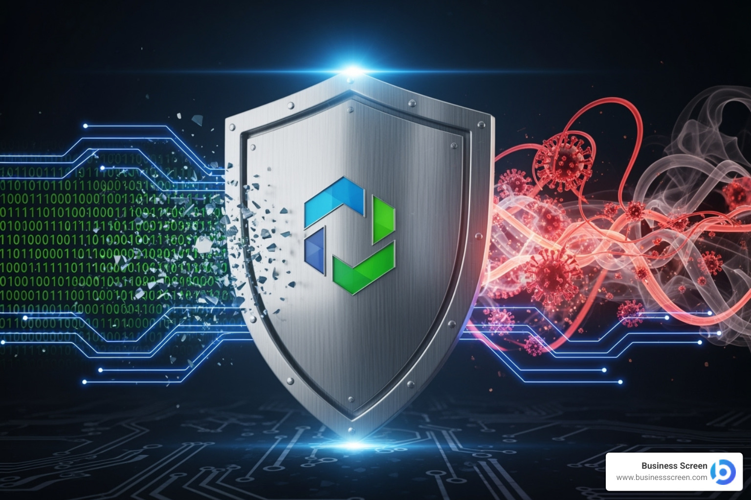 shield deflecting digital threats from a business logo - Company identity verification