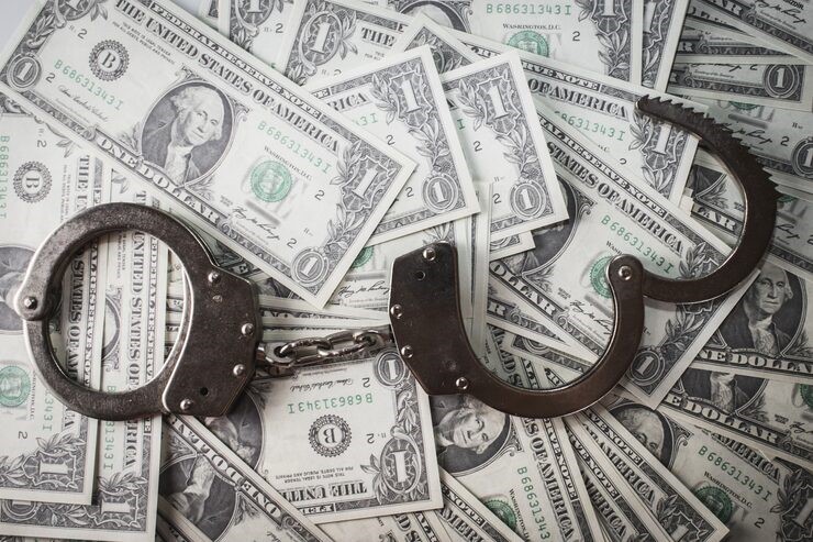 Closeup shot of metal handcuffs and dollars, Picture