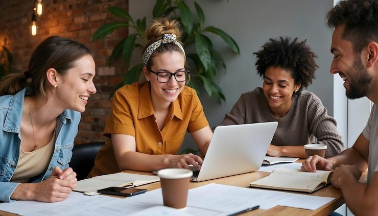 Group collaboration around a laptop in a creative workspace, Picture