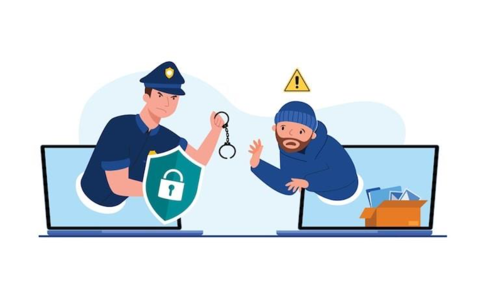 The police man with handcuffs to catch the thief on a computer screen, Abstract security protection digital data with thefts data, data security concept, isolated flat